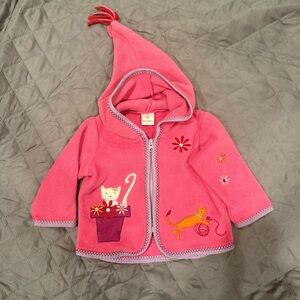 Hanna Andersson Pink Fleece Embroidered Cats gnome Hood Jacket, Size 70 (6-12) M